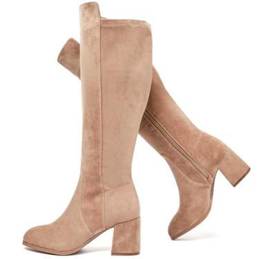 Imagem de Ruiee Botas femininas extra largas na altura do joelho, bota de salto grosso, larga, confortável, plus size, longa, Gogo para mulheres., Bege Mf 370, 11 X-Wide