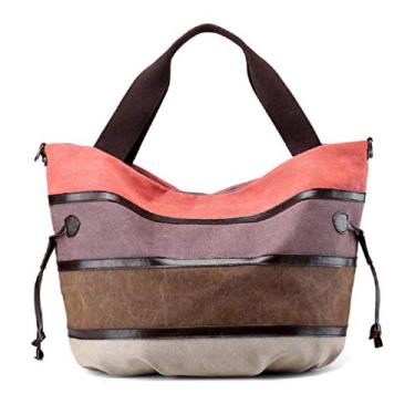 Imagem de Bolsas de ombro grandes femininas de lona Hobo Tote Shopper Bolsa de viagem de trabalho com listras de emenda, Laranja, Large