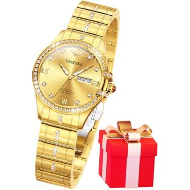 Imagem de OUPINKE Relógio de pulso feminino automático, dourado, diamante, luxuoso, elegante, com corda automática, cristal de safira, à prova d'água, luminoso, presentes femininos