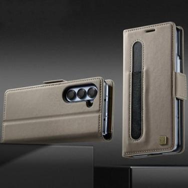 Imagem de Capa tipo carteira para Samsung Galaxy Z Fold6 com suporte para caneta e compartimento de couro (para Samsung Galaxy Z Fold6/cinza)