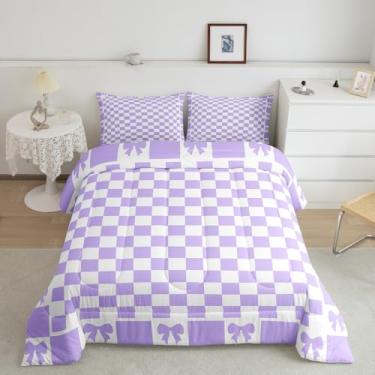 Imagem de Manfei Conjunto de edredom xadrez roxo e branco, tamanho casal, 3 peças, conjunto de cama com laço roxo com laço de princesa, quadriculado geométrico, arte simples, conjunto de colcha para quarto de