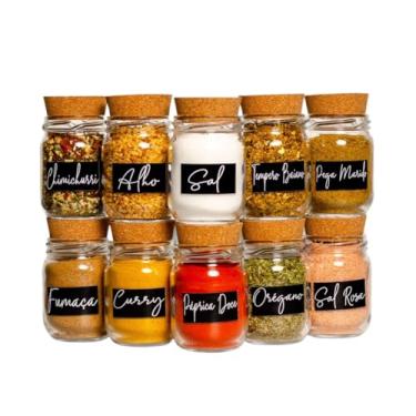 Imagem de Kit 10 Potes de Tempero 200ml + Cartela De Temperos com 42 Adesivos | Porta Tempero de Vidro(Etiq. Preta + 10 Potes)