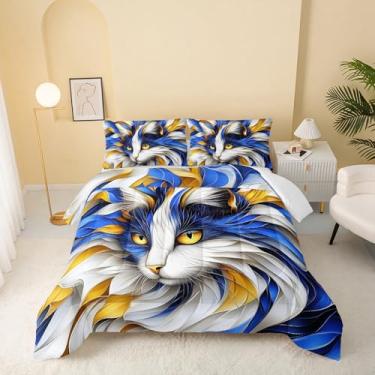 Imagem de QOOMO Jogo de cama com desenho animado de gato, estampa de animal fofo, para decoração de quarto de meninos, meninas e adolescentes, macio e leve, todas as estações, tamanho Queen, 1 edredom e 2