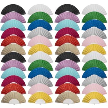 Imagem de SiissaPeksid Pacote com 48 ventiladores de mão, ventilador dobrável de glitter com nervuras transparentes brilhantes – Ideal para casamento, igreja, festival, dança, festa de chá, clube e acessórios