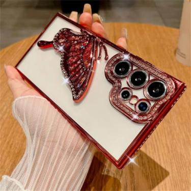 Imagem de Capa para Samsung S24Plus com revestimento em glitter, borboleta, areia movediça, strass, transparente (para Samsung S24Plus/vermelho)