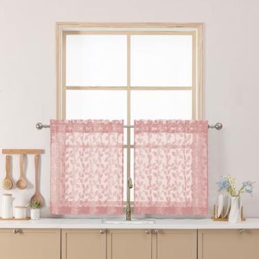 Imagem de Chyhomenyc Cortinas translúcidas rosa blush de 61 cm de comprimento, cortina de cozinha pequena com filtro de luz tufada texturizada sobre a pia, cortinas curtas de meia janela para porão de banheiro