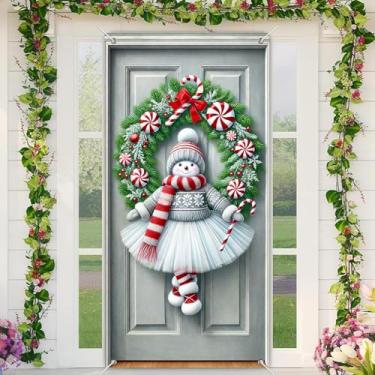 Imagem de BlissYard Capa de porta de Natal, 89 x 188 cm, guirlanda de boneco de neve, design de bengala doce, tecido de poliéster, faixa de porta para entrada de casa aconchegante, decoração festiva de Natal