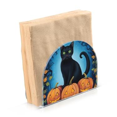 Imagem de Porta-guardanapos de abóbora de gato preto de Halloween para dispensador de guardanapos de papel de mesa cozinha banheiro em pé acrílico decorativo