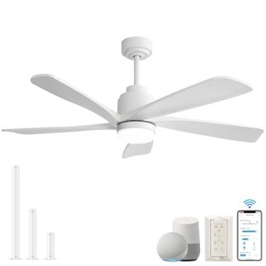 Imagem de Sofucor Ventilador de teto inteligente com luzes e controle remoto, ventilador de teto de madeira branca de 52 polegadas funciona com Alexa/Google/App, motor CC silencioso, ventiladores de teto de 6