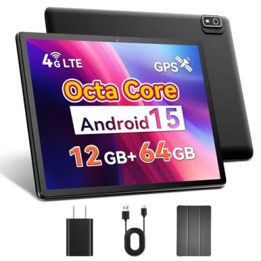 Imagem de Topsand Tablet Android 15 de 10 polegadas com slot para cartão SIM desbloqueado, tablet celular 4G, Octa-Core, 12 GB + 64 GB, 2 TB expansível, câmeras duplas, WiFi 2,4 G/5G, BT5.0, GPS (capa incluída)