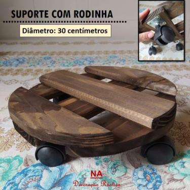Imagem de suporte com rodinha para vaso de flor botijão redondo em madeira redon
