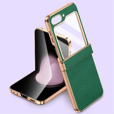 Imagem de Capa de telefone de couro para Samsung Galaxy Z Flip6 Flip5 Flip 6 5 ZFlip5 Capa de proteção de dobradiça com vidro temperado, verde, para Galaxy Z Flip6