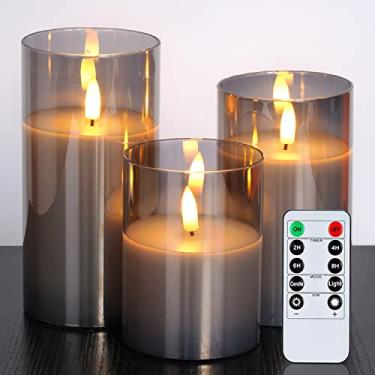 Imagem de Amagic Glass LED Flameless Candles, Battery Candles, Pillar Candles Battery Operated with Remote Control and Timer, Electric Candles, Wax+Grey Glass, D3 H4 5" 6", Set of 3