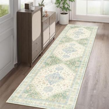 Imagem de MUJOO Tapete de corredor lavável, 5 x 20 cm para cozinha, banheiro, corredor, quarto, entrada, lavanderia, tapete antiderrapante para ambientes internos, tapete boho de pelo baixo, verde claro e azul