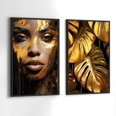Imagem de Conjunto Quadros Decorativos com Moldura Mulher Preta Dourado Kit 2 Qu