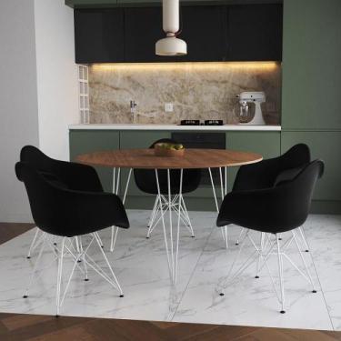 Imagem de Mesa Jantar Redonda 110Cm Amêndoa Clips 3 Pés Com 5 Poltronas Pretas F