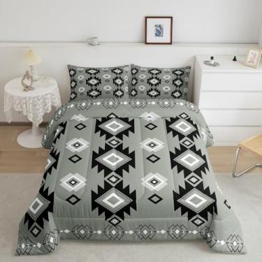 Imagem de jejeloiu Conjunto de edredom asteca ocidental, solteiro, étnico do sudoeste, geométrico, para crianças, meninos, meninas, edredom boêmio, decoração de quarto, microfibra, 2 peças com 1 fronha