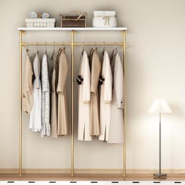 Imagem de KAILNKISS Rack de roupas de cano industrial, suporte de parede para roupas, guarda-roupa, armazenamento multiuso, prateleira pendurada - 140 cm C dourado
