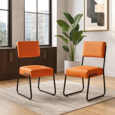 Imagem de Kit 2 Cadeiras Decorativa Sala De Estar Cozinha Jantar Flórida Couro Sintético Laranja Tubo Preto