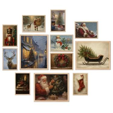 Imagem de Conjunto de 12 arte de parede de Natal, pôsteres de Natal com Papai Noel, boneco de neve, rena, quebra-nozes, árvore de Natal, decorações de Natal vintage para casa, sala de estar, quarto (conjunto de