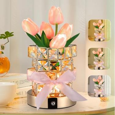 Imagem de Lâmpada de flor de tulipa, lâmpada de tulipa recarregável, luz noturna de flores artificiais de LED com vaso de cristal e 3 temperaturas de cor, luminária de mesa sem fio de toque regulável, presente