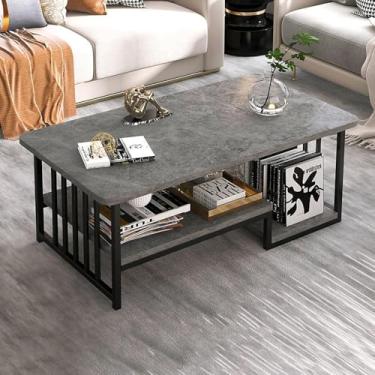 Imagem de Mesa De Café Branca Com Armazenamento, Mesas De Sofá Retangulares De 39" Com Prateleira Aberta Para Sala De Estar, Mesa De Centro Mesa De Café Acabamento Em Mármore E Estrutura De M, Gray
