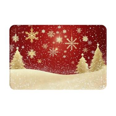 Imagem de Tapete de banho dourado com padrão de árvore de Natal, floco de neve, tapete de banheiro antiderrapante para chuveiro, espuma viscoelástica macia, 40 x 60 cm, pequeno tapete lavável