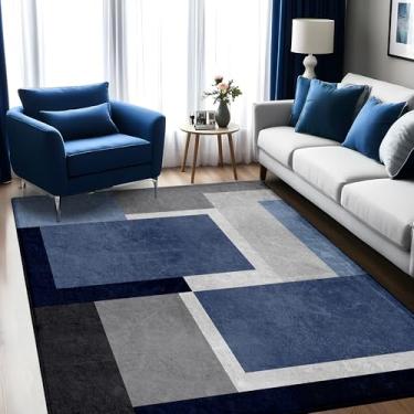 Imagem de Tapete de área 12 x 18 cm, tapete geométrico cinza azul, quadrado, contemporâneo, lavável para decoração de interiores, tapete moderno antiderrapante para quarto