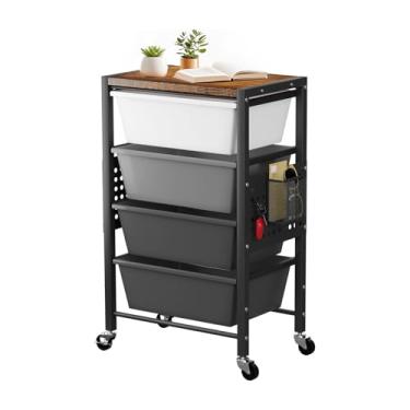 Imagem de Carrinho de rodinhas com 4 gavetas, carrinhos de armazenamento de gaveta de plástico com rodas e mesa de madeira, carrinho utilitário de metal com pegboards, escritório, sala de estar, sala de aula