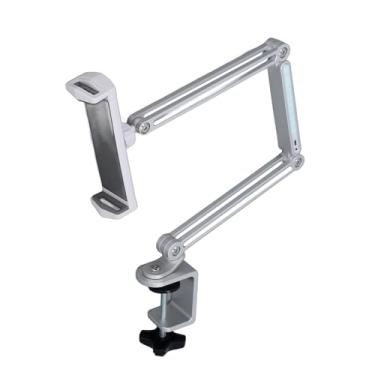 Imagem de Depisuta Suporte para celular para mesa de cabeceira, rotação de 360 ​​graus, braço longo ajustável,suporte para celular e tablet com braçadeira e luz ajustável, dobrável e portátil (Prata)