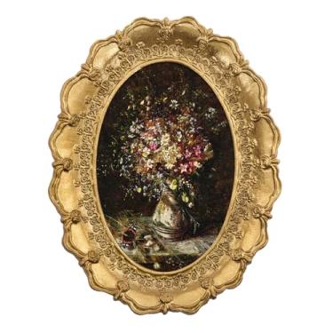 Imagem de FOLKOR Pintura vintage emoldurada de buquê de flores com moldura oval dourada, arte de parede em tela floral clássica natureza morta para berçário, apartamento, dormitório, sala de aula, cozinha, 10 x