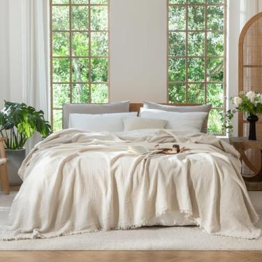 Imagem de MooMee Cobertor de musselina - Cobertor de gaze 100% algodão de 4 camadas com borlas ultramacio respirável leve refrescante para sofá de cama (bege, king 264 x 228 cm)