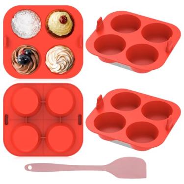 Imagem de 4 peças de silicone para fritadeira a ar para assar 4 cavidades, frigideiras de silicone, formas antiaderentes de pão de hambúrguer para assar mordidas de ovo, mini muffins, acessórios de cozinha de
