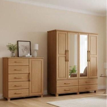 Imagem de Conjunto Guarda Roupa 4 Portas + Cômoda 5 Gavetas 100% Madeira Maciça 