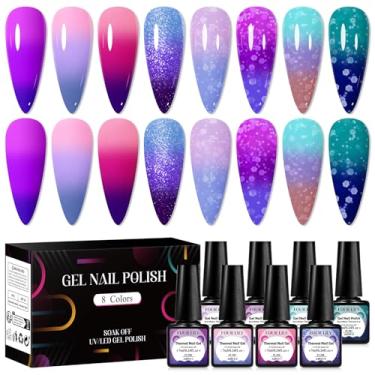 Imagem de Four Lily 8 peças de esmalte térmico para unhas, conjunto de esmalte de gel que muda de cor de temperatura, rosa, roxo, brilhante, azul, floco de neve, verde, imersão UV, arte de unhas, faça você