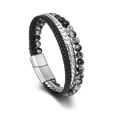 Imagem de BOPREINA Pulseira masculina de couro com contas de 6 mm obsidiana olho de tigre pedra preta trançada pulseira de couro de aço inoxidável corrente cubana com contas em camadas de couro para homens
