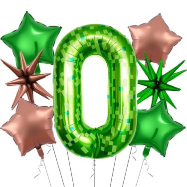 Imagem de 7Pcs 40 inch Green Pixel Pattern Number 0 Balloon Set with Exploding Star and Star Foil Balloons for Birthdays and Themed Parties