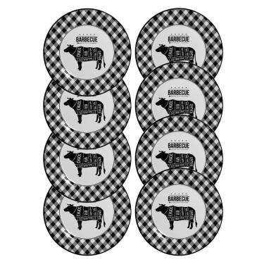 Imagem de Jogo 8 Pratos Raso Barbecue Preto E Branco Cerâmica Alleanza 29cm