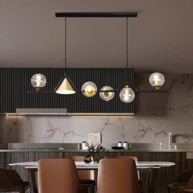 Imagem de Lustre pendente LED com esfera de vidro de meados do século, luminária de teto linear nórdica para cozinha com cúpula de vidro globo, preto, 47 x 10 polegadas