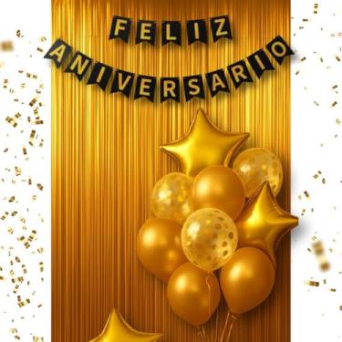 Imagem de Kit Decoração Festa Aniversário – Cortina Metalizada + 10 Balões Metalizados + Faixa Feliz Aniversário – 3 Variações (Preto e Dourado)
