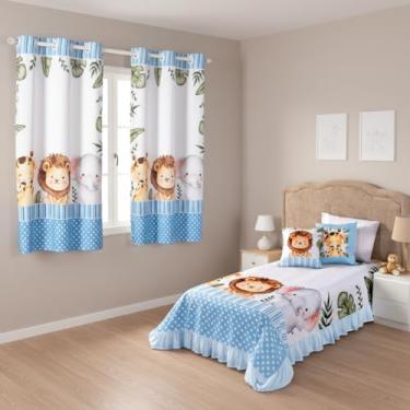 Imagem de Kit Cortina 2 Metros + Colcha Cobre Leite Infantil 07 Peças Para Quarto (SAFARI AZUL)