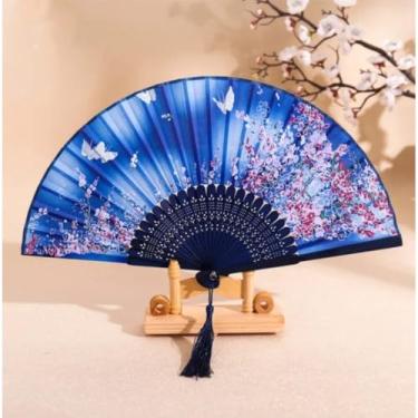 Imagem de Leque de Madeira Oriental Japonês Ventilador de Mão Estampado Chique(JP00429 Azul)