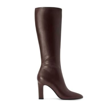Imagem de DOEYG Botas de cano alto pretas femininas de couro, elegantes, casuais, confortáveis, modernas, bico fino, salto grosso, com zíper lateral, Marrom, 38