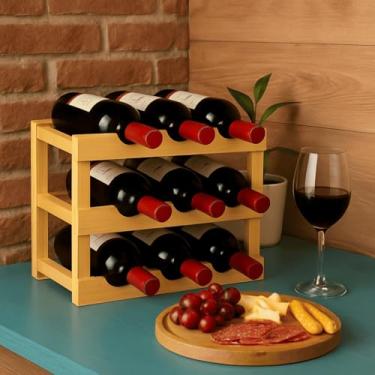 Imagem de Suporte de Vinho em Madeira Maciça para 9 Garrafas Adega 33x35x22 Decorativa de Mesa com Acabamento Rústico