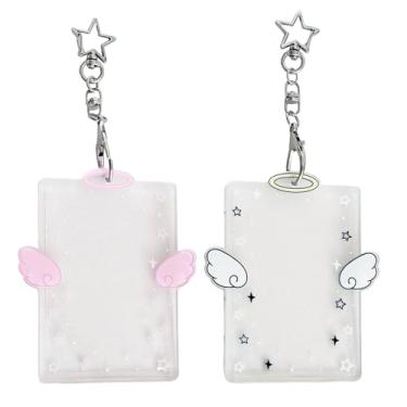 Imagem de Suporte de cartão de foto em forma de asa de 2 peças | Visor de crachá de identificação de acrílico transparente com design de pingente de chaveiro | Versátil para cartões de estudante, crédito e