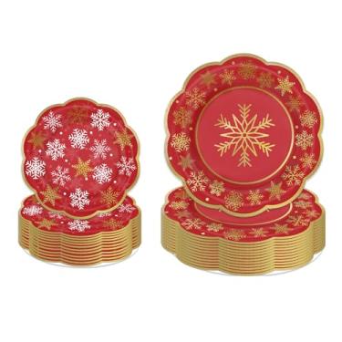 Imagem de LeZakaa Conjunto de 50 peças de pratos de papel de Natal, floco de neve vermelho, folha dourada, acabamento estampado, borda recortada, pratos de festa descartáveis para utensílios de mesa decorativos