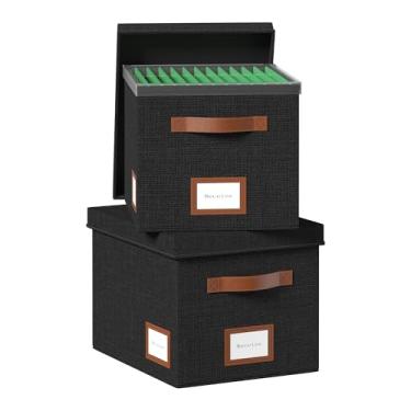 Imagem de GRSQYS Caixa organizadora de arquivos para pendurar, organizador de arquivos com tampa, organizador de pastas de arquivo decorativo com trilho deslizante de plástico integrado de uma peça (preto, 33,5