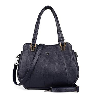 Imagem de Bigfanshu Bolsas femininas retrô de couro com três camadas de bolso, bolsa carteiro, bolsa de ombro luxuosa, bolsa casual moderna, Azul, 29cm 14cm 23cm