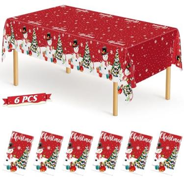 Imagem de QZYL Pacote com 6 toalhas de mesa de Natal, 137 x 274 cm, toalha de mesa retangular, design de boneco de neve, toalha de mesa de plástico descartável, artigos de festa de Natal, decoração de casa de