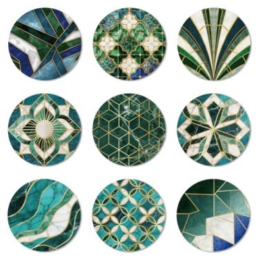 Imagem de ANATTASOUL Conjunto de 9 porta-copos florais verdes com padrão de borda dourada porta-copos de madeira coloridos presente de inauguração de casa redonda para casa nova, proteção de mesa de centro